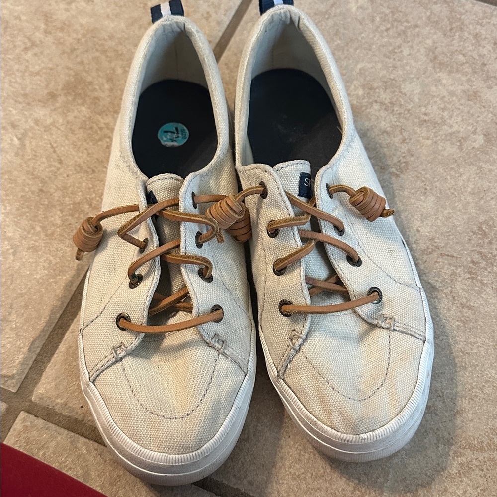 Sperry Cream Canvas Sneakers with Brown Laces